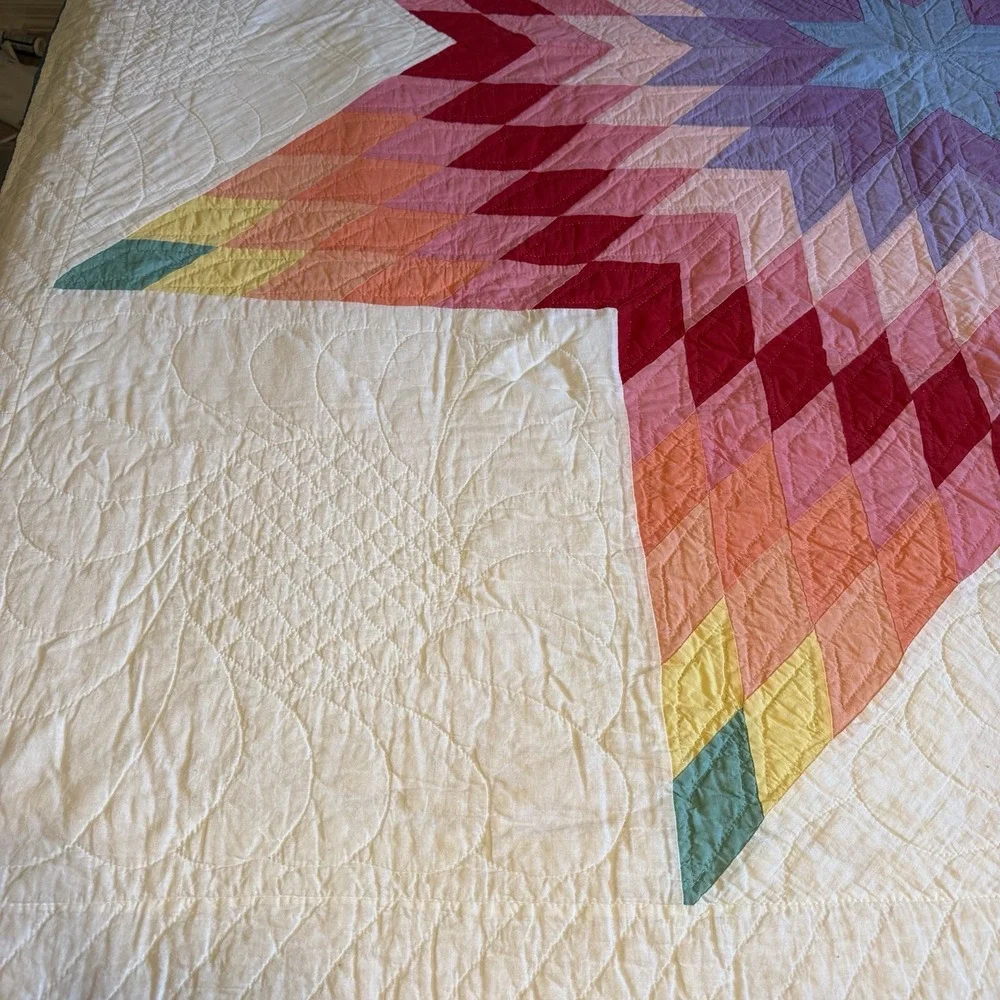Vintage Hand-Stitched 8 Point‎ Blazing Lone Star Quilt Rainbow Depression Era
